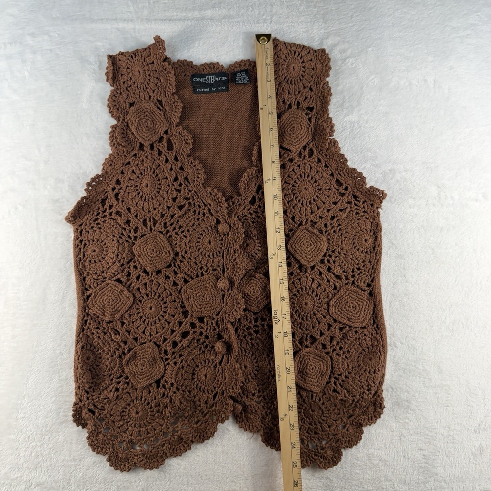 Vintage Hand Knitted OS Crochet Vest Boho‎ Cottage 90s Y2K Brown Earthy Hippie - Picture 9 of 10